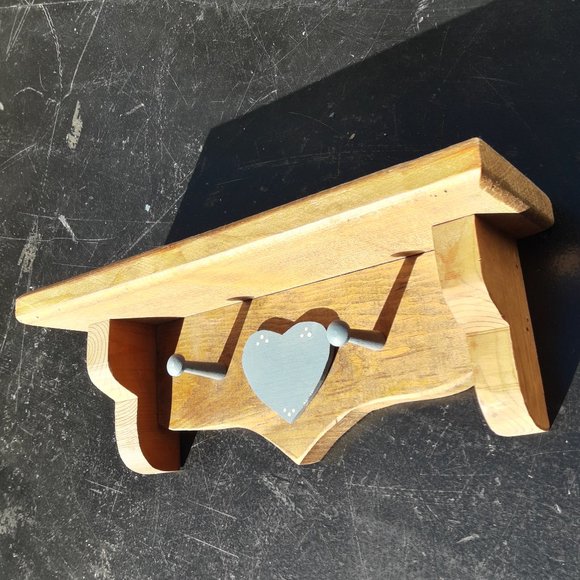Wood Display Shelf w/ Hooks Boho Wooden Shelf Rack Wall Hanging Farmhouse Decor - Picture 1 of 9
